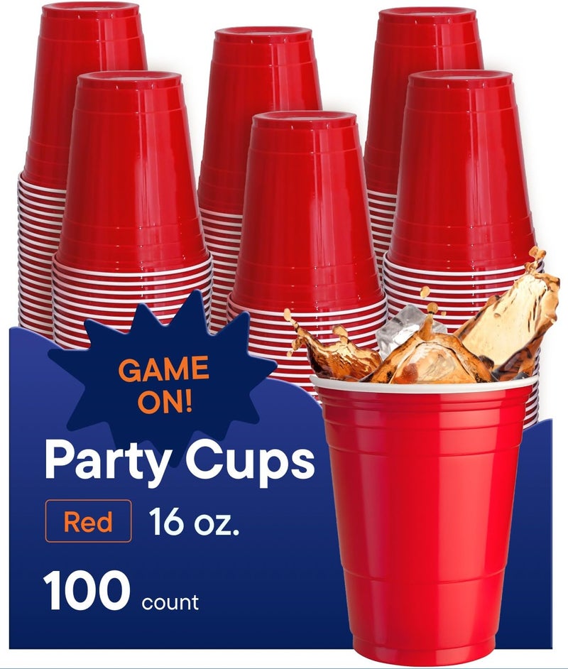 Red Cups Party Cups Disposable Plastic Cups 16 oz 100 Pack Fun Durable Party Cups for Drinking Playing Bulk Case of 100 Cups By Stack Man